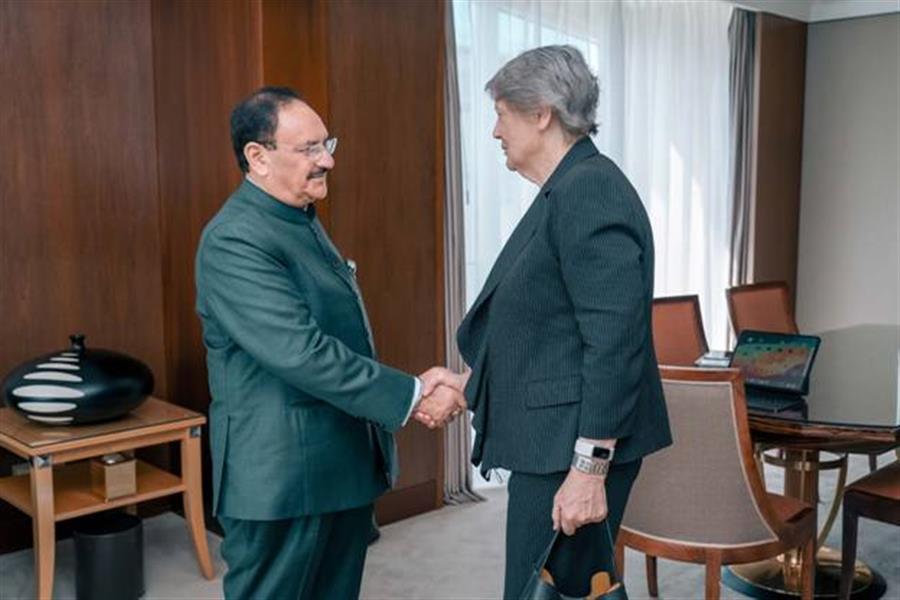 Union Health Minister Shri J P Nadda holds Bilateral Meeting with PMNCH Board Chair Ms. Helen Clark on the Sidelines of the 79th World Health Assembly in Geneva
