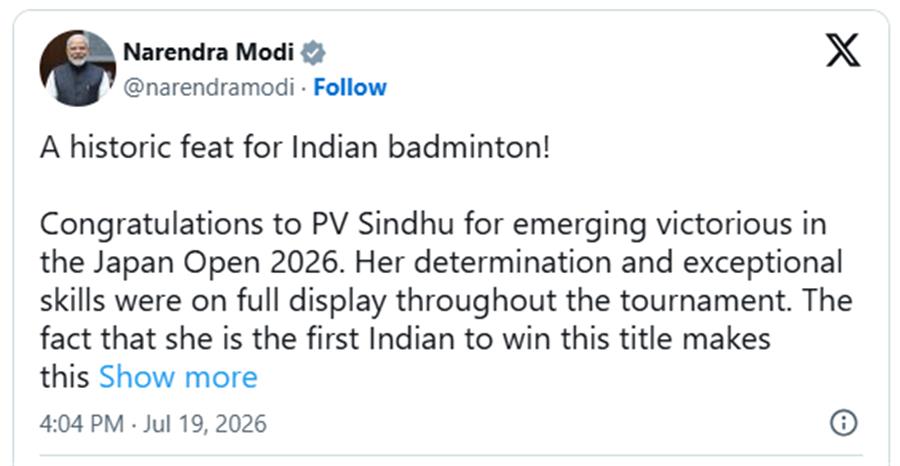 Prime Minister congratulates PV Sindhu on winning Japan Open 2026 title