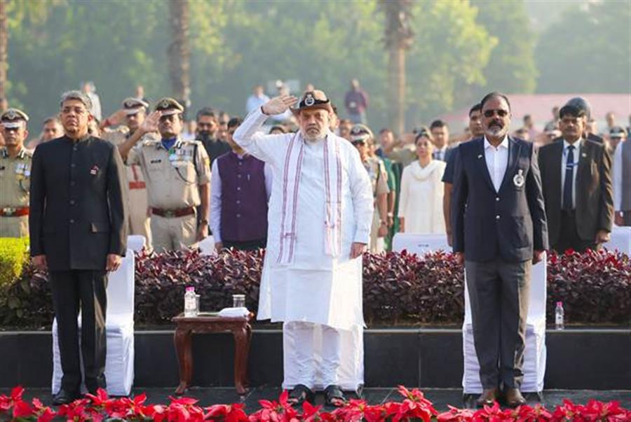 Union Home Minister and Minister of Cooperation Shri Amit Shah pays tribute to police personnel who laid down their lives in line of duty at National Police Memorial on the occasion of Police Commemoration Day and addresses the ceremony