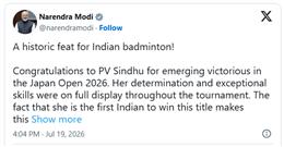 Prime Minister congratulates PV Sindhu on winning Japan Open 2026 title